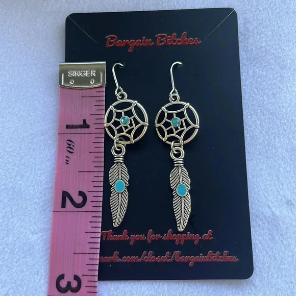 3 for $13 New boho earrings dream catcher feather silver tone turquoise earrings - Picture 2 of 4